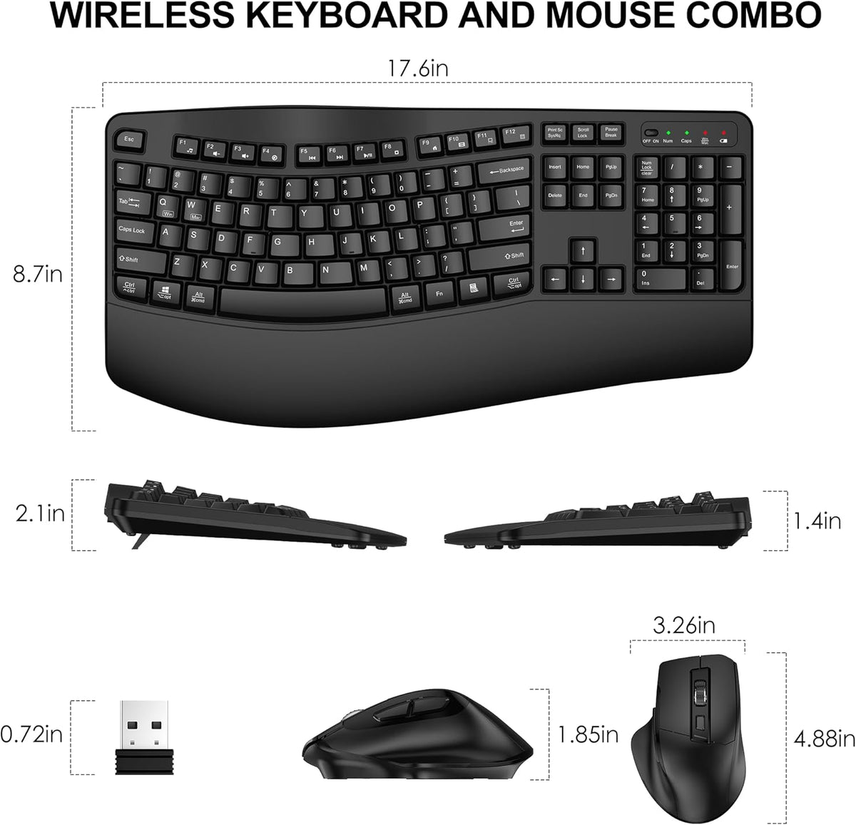 Wireless Keyboard and Mouse Combo, 2.4G Ergonomic Wave Keys(Black)