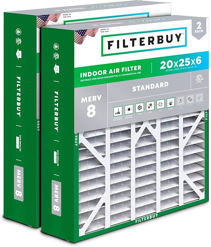 Filterbuy 20x25x6 Air Filter MERV 8 Essential Dust & Allergy Defense, Pleated