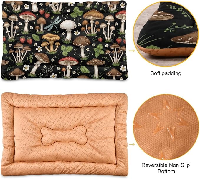 Emelivor Mushrooms Black Dog Cat Bed Washable Crate Pet Bed Anti-Slip Comfortable Puppy Kennel Bed for Indoor Small Medium Large Dogs, 24x18in