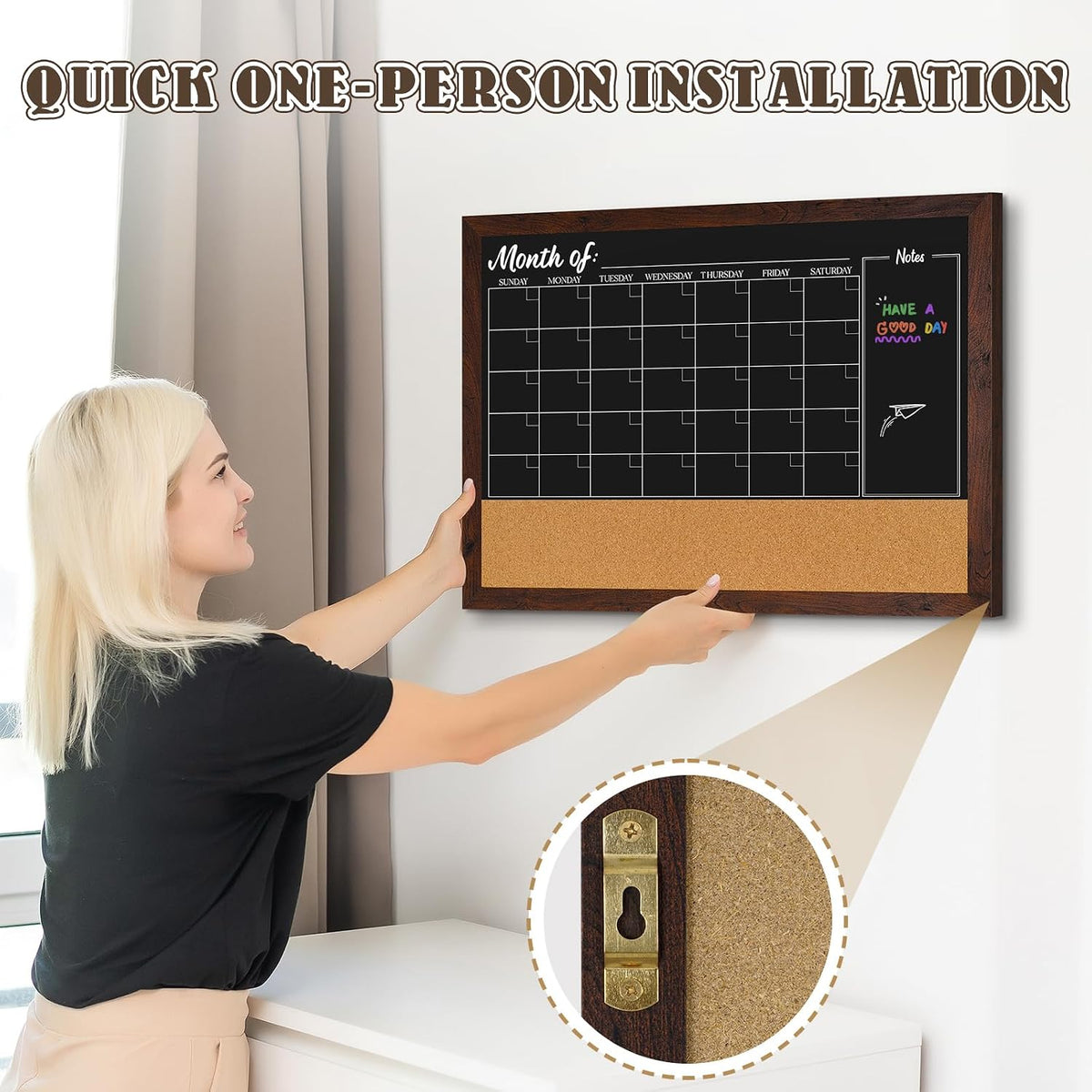 4 THOUGHT Chalkboard Calendar Corkboard Combo 36" x 24", Rustic Brown
