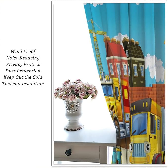 Kids Cartoon Construction Window Curtains, Funny Construction Site Cars and