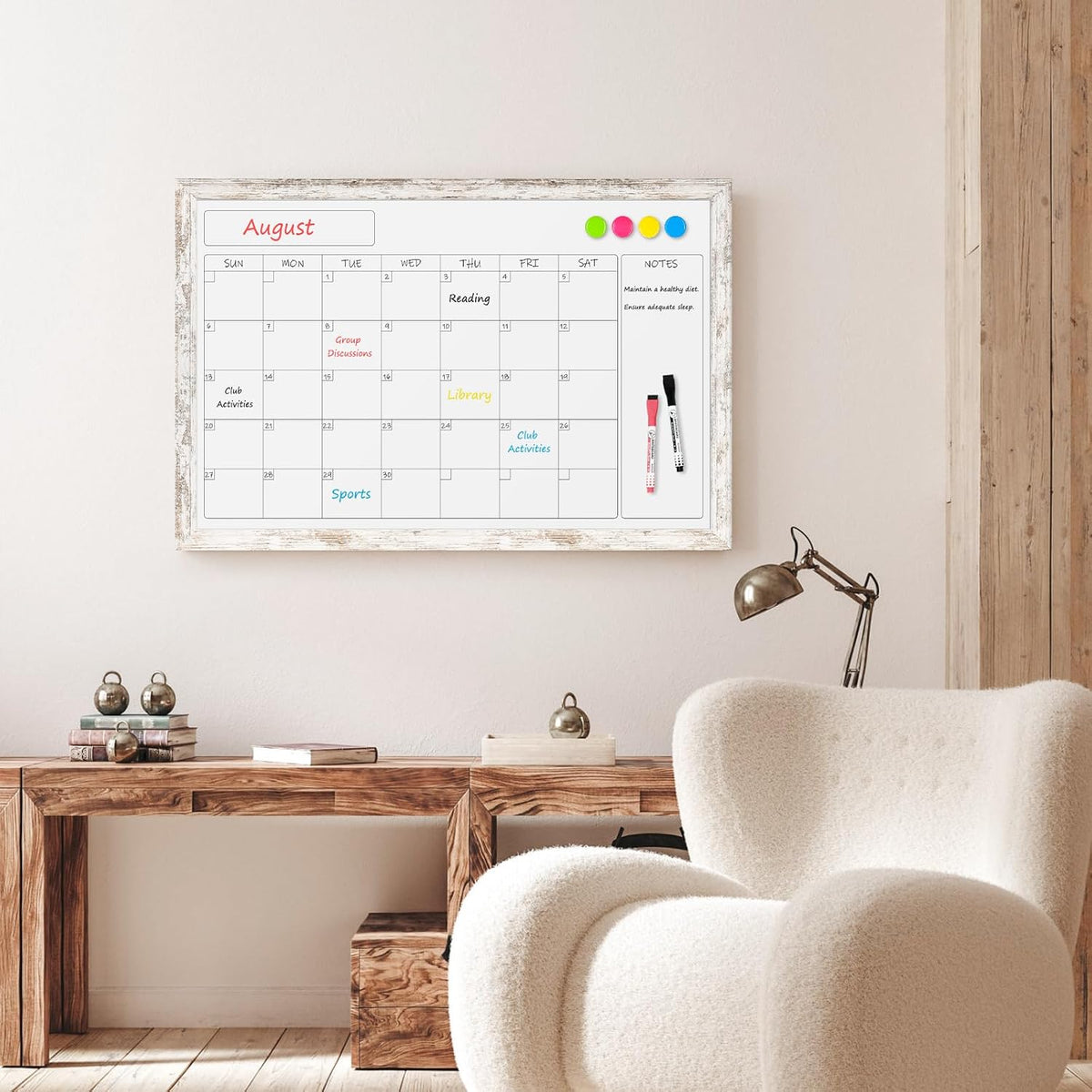 Monthly Dry Erase Calendar Whiteboard for Wall, 24"x18", Rustic Wood Frame