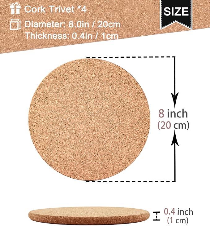 Cork Trivets for Hot Dishes, Hot Pots and Pans, 8 Inch 4 Pcs | High Density
