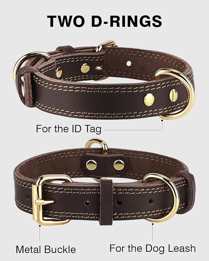 Joytale Genuine Leather Dog Collar for Large Dogs, Heavy Duty Thick Solid Leather for Power Breeds, Sturdy Adjustable Pet Collar with Metal Pin Buckle, Durable for Daily Walking, Brown, L