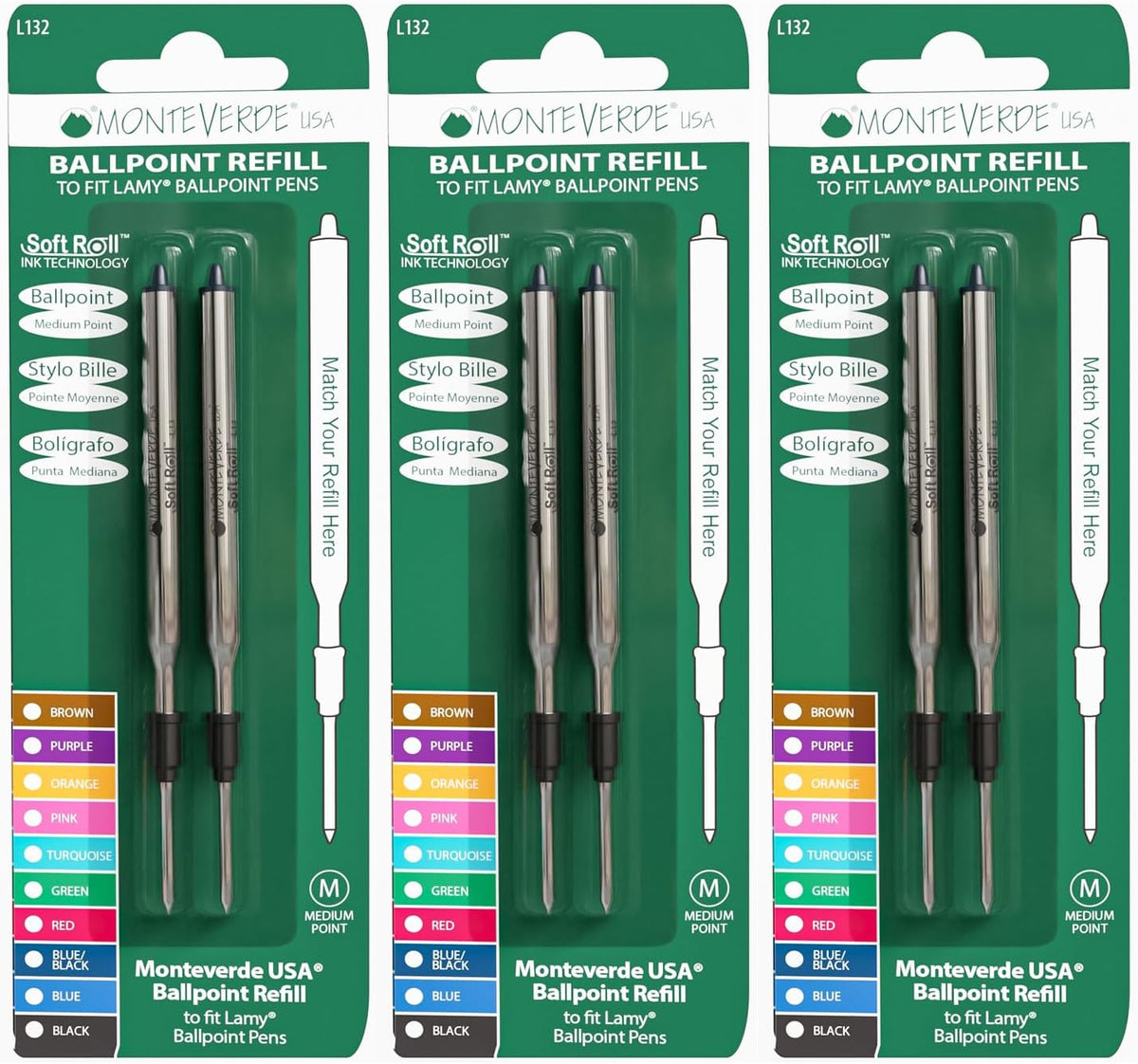 Monteverde Ballpoint Refill to Fit Lamy Pens, Medium, Blue/Black, 6 Pack