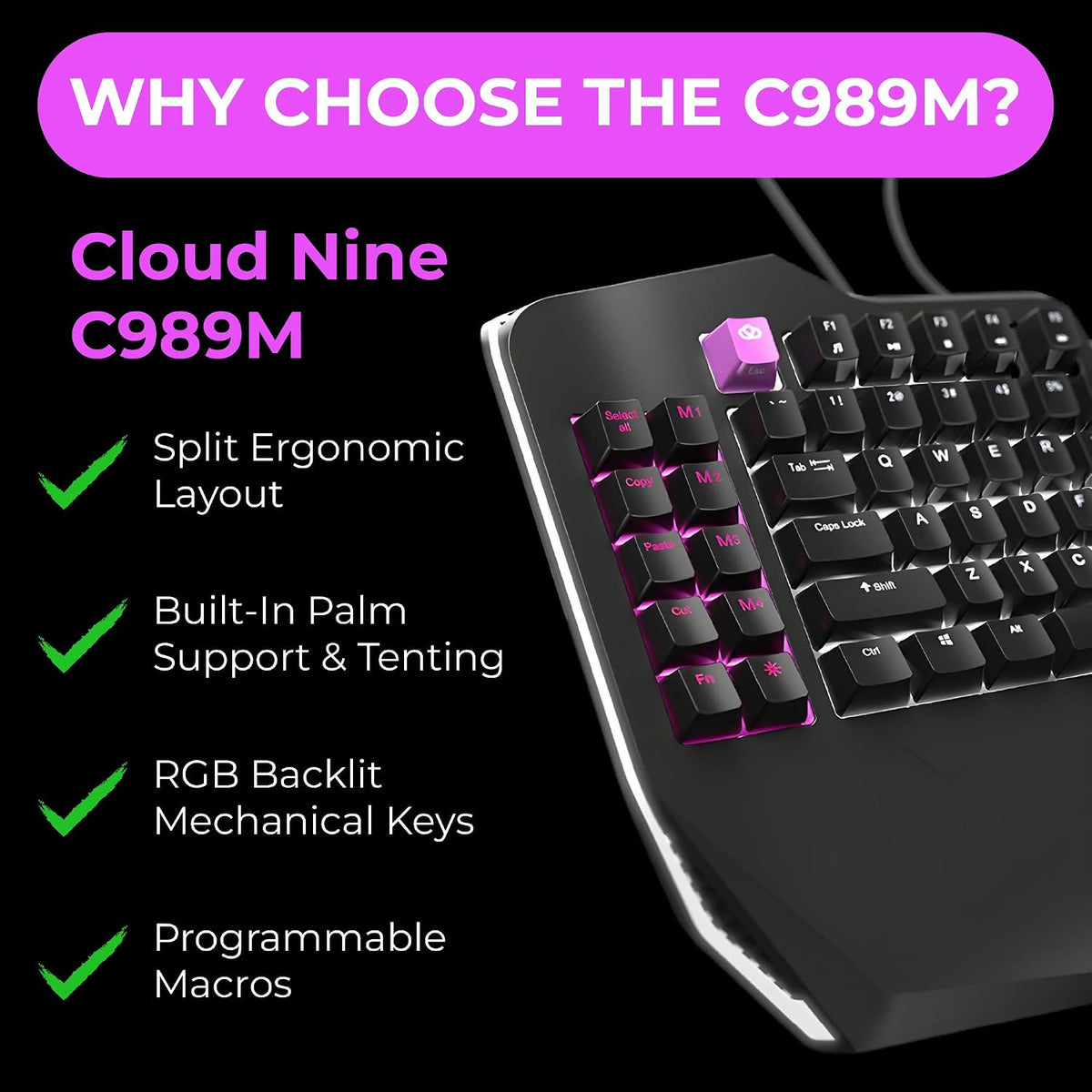 Cloud Nine C989M Ergonomic Mechanical Keyboard for PC - Kailh Tactile Brown Switches - RGB Light Up LED Backlit with USB - Ergo Split Key Board with Macro