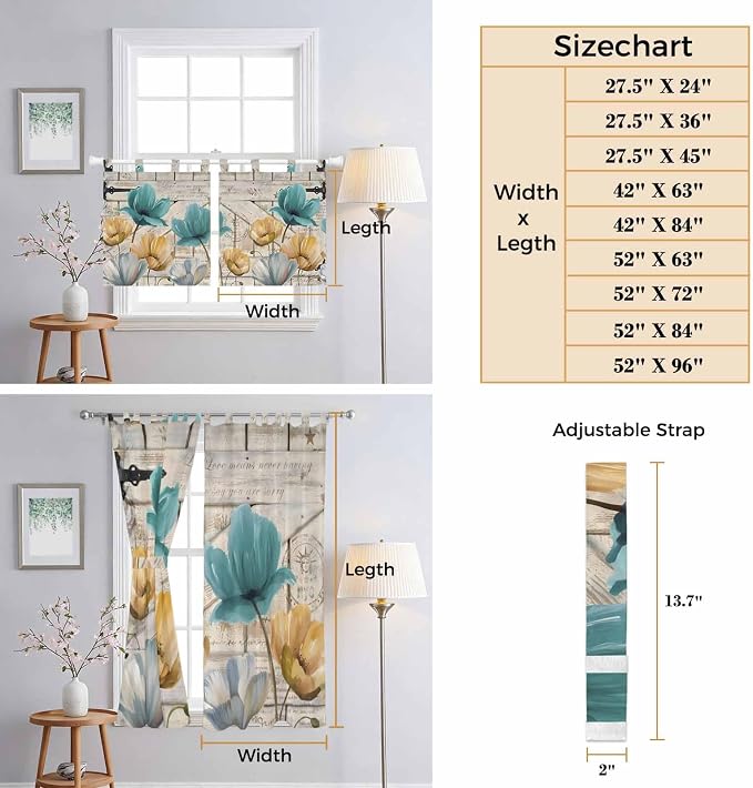 Watercolor Flowers Kitchen Curtains 24 Inch Length, Small Window Curtains Tab