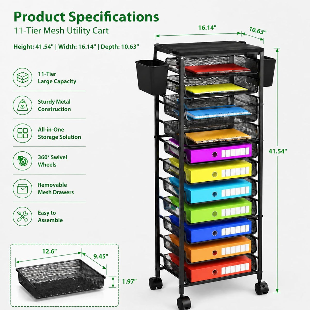 Ekisemio 11-Tier Rolling File Cart, Mobile Desk-Side Organizer with Top Shelf and Side Baskets, Wire Storage Rack for Letter Folders, Home Office & School, Black