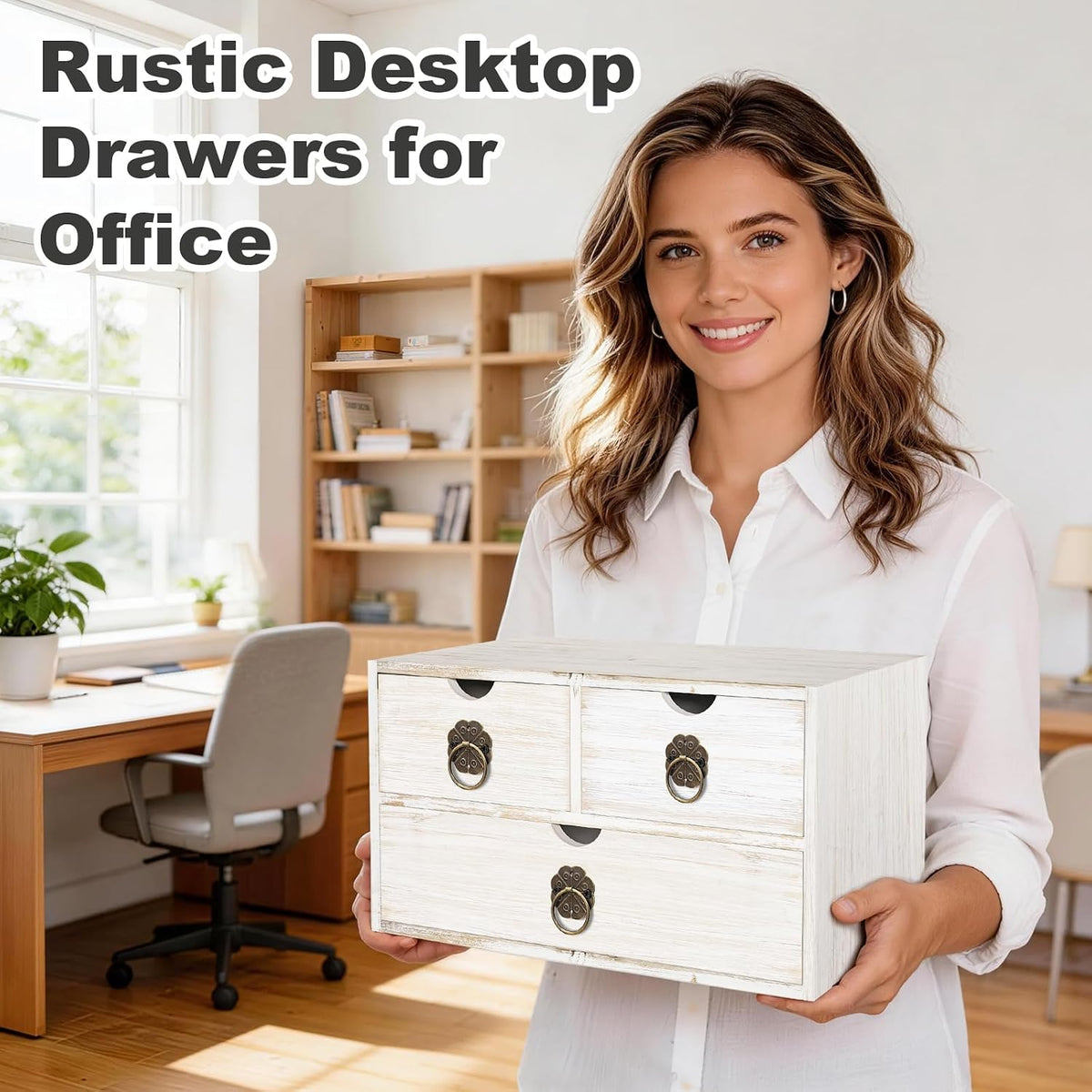 Wood Desk Organizer with Drawer, White Wooden Desktop Organizer, Tabletop Storage Organization Box for Countertop, Home Office Supplies (3 Drawer)