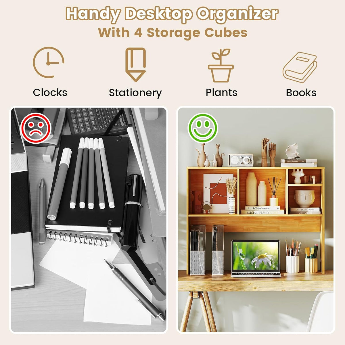GIANTEX Desktop Bookshelf, Countertop Storage Hutch with 4 Shelves for Computer Desk, Dressing Tabletop Display Rack, Multipurpose Desk Hutch Storage Organizer for Home Office Dorm (Burlywood)