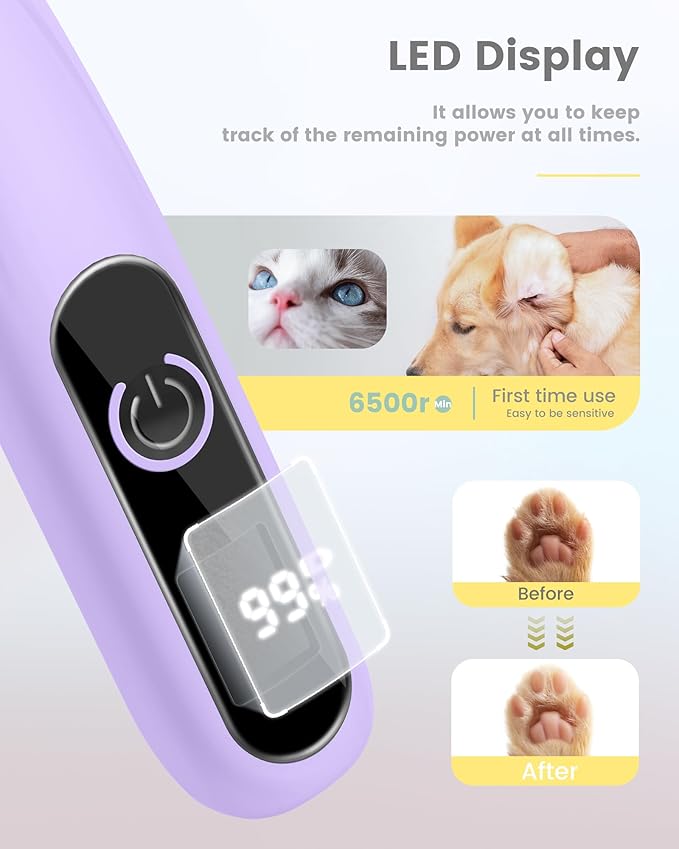 Dog Paw Trimmer with LED Display,35dB Ultra-Low Noise Dog Grooming Clippers,Cordless Paw Trimmers for Dog's Feet with LED Light,Type-C Rechargeable Cat Hair Trimmer for Paws, Ears, Face, Rump