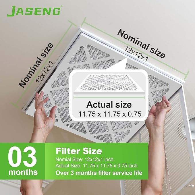 12x12x1 AC Furnace Air Filters, MERV 8 Dust Defense, JASENG MPR 600 Pleated