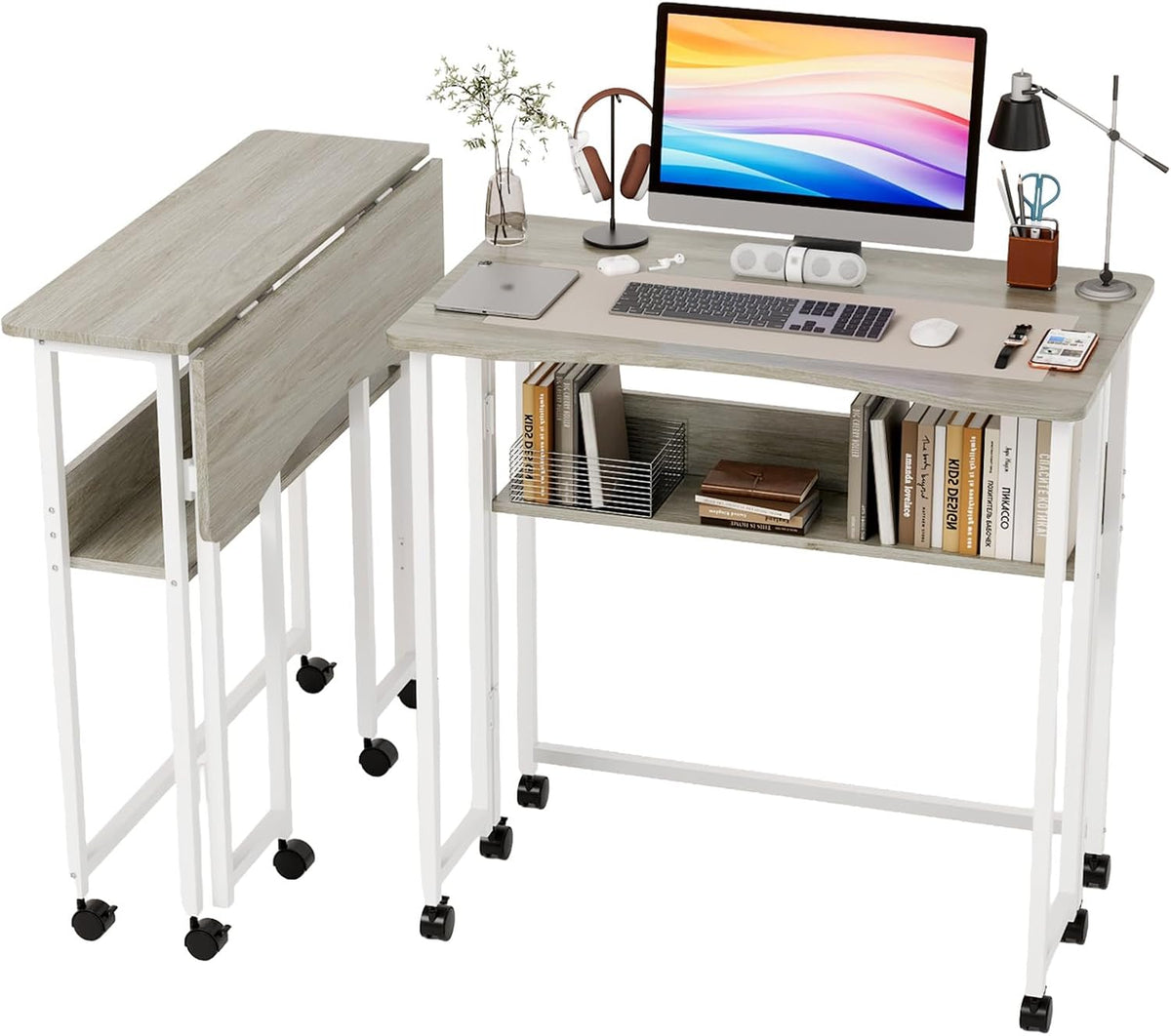 VINGLI 31.5 Inch Folding Computer Table, Small Rolling Desk with Storage Shelf, Space-Saving Sofa Table for Couch, Portable Writing Workstation Office Computer Desk, Grey