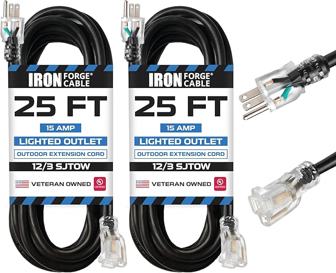 Iron Forge Cable 2 Pack 12 Gauge Outdoor Extension Cord 25 Ft, SJTOW 12/3 Heavy Duty Extension Cord 3 Prong - Oil Resistant & Flame Retardant