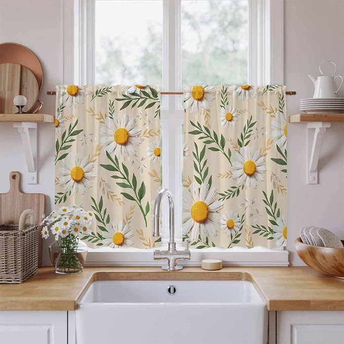 Spring Daisy Kitchen Curtains, Country Watercolor Flower Leaf Plant Light