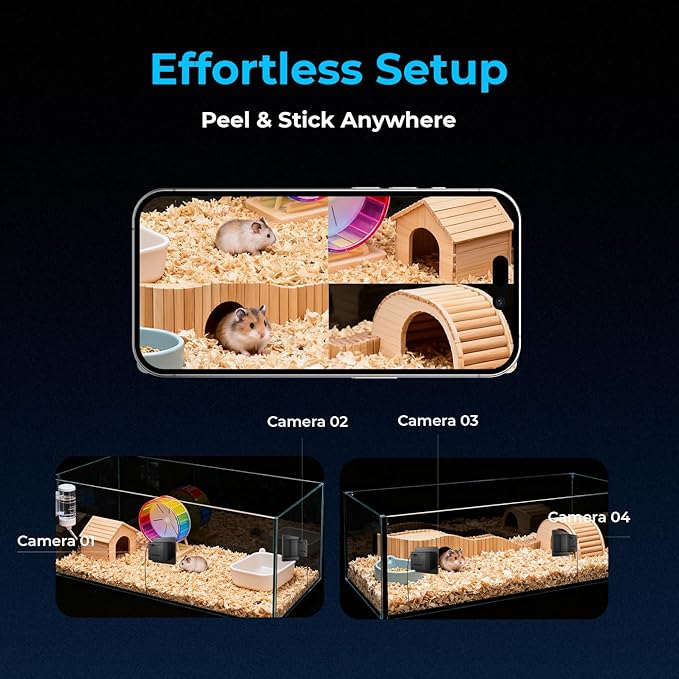 2K HD Small Pet Camera for Hamsters, Gerbils, Fancy Mice & Guinea Pigs, 140° Wide-Angle Night Vision, Anti-Glare WiFi Cage Camera with Two-Way Audio, AI Motion Alerts & Easy Stick-On Install