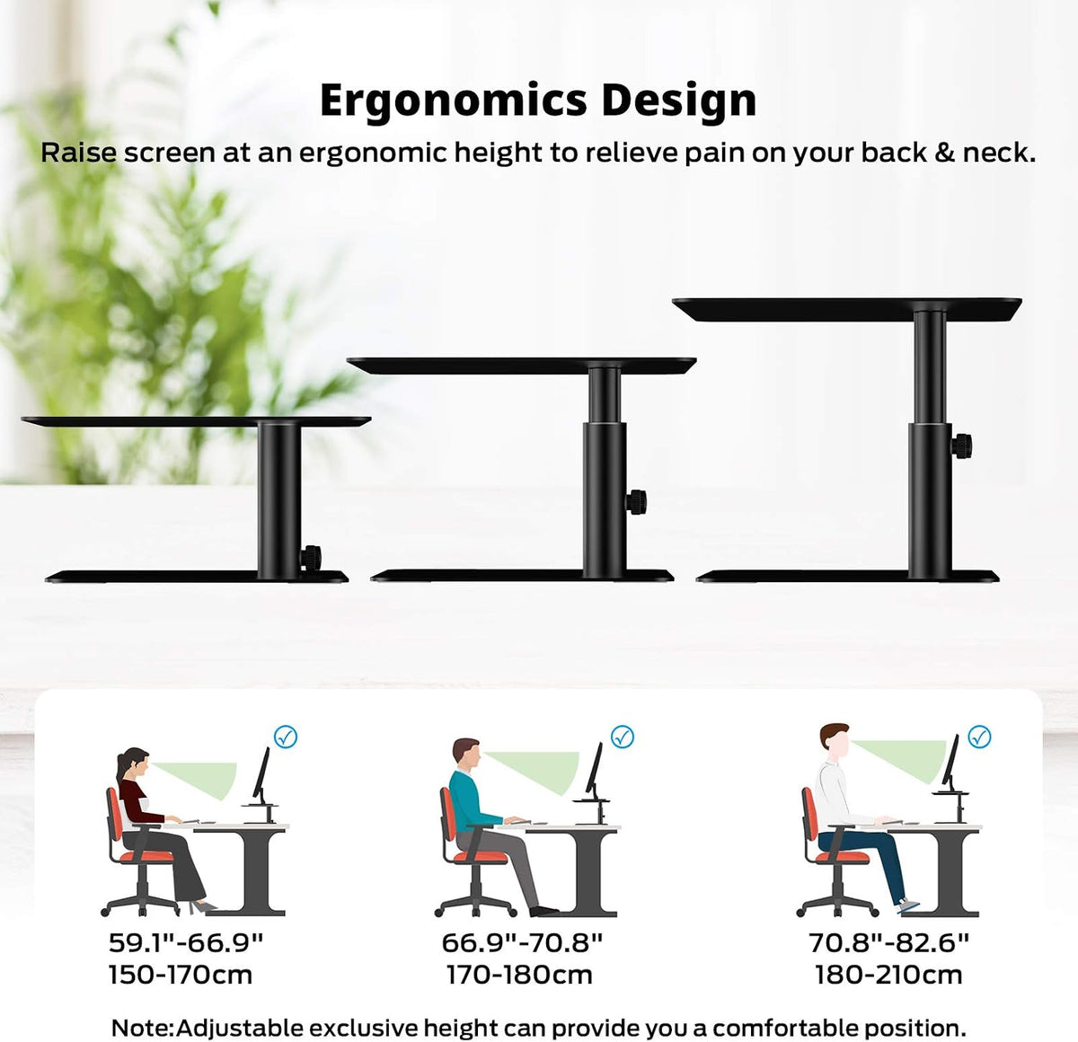 BoYata Monitor Stand, Adjustable Height Metal Desktop Riser, Black