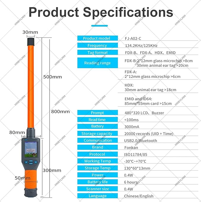 Animal Ear Tag Scanner with LCD Display, 134.2 KHz Handheld Pet Microchip Scanner Reader for Dog/Cat/Pig/Animal, Storage Up to 20000 Datas, Read Time > 100ms, Support FDX-B/HDX/EMID Tags
