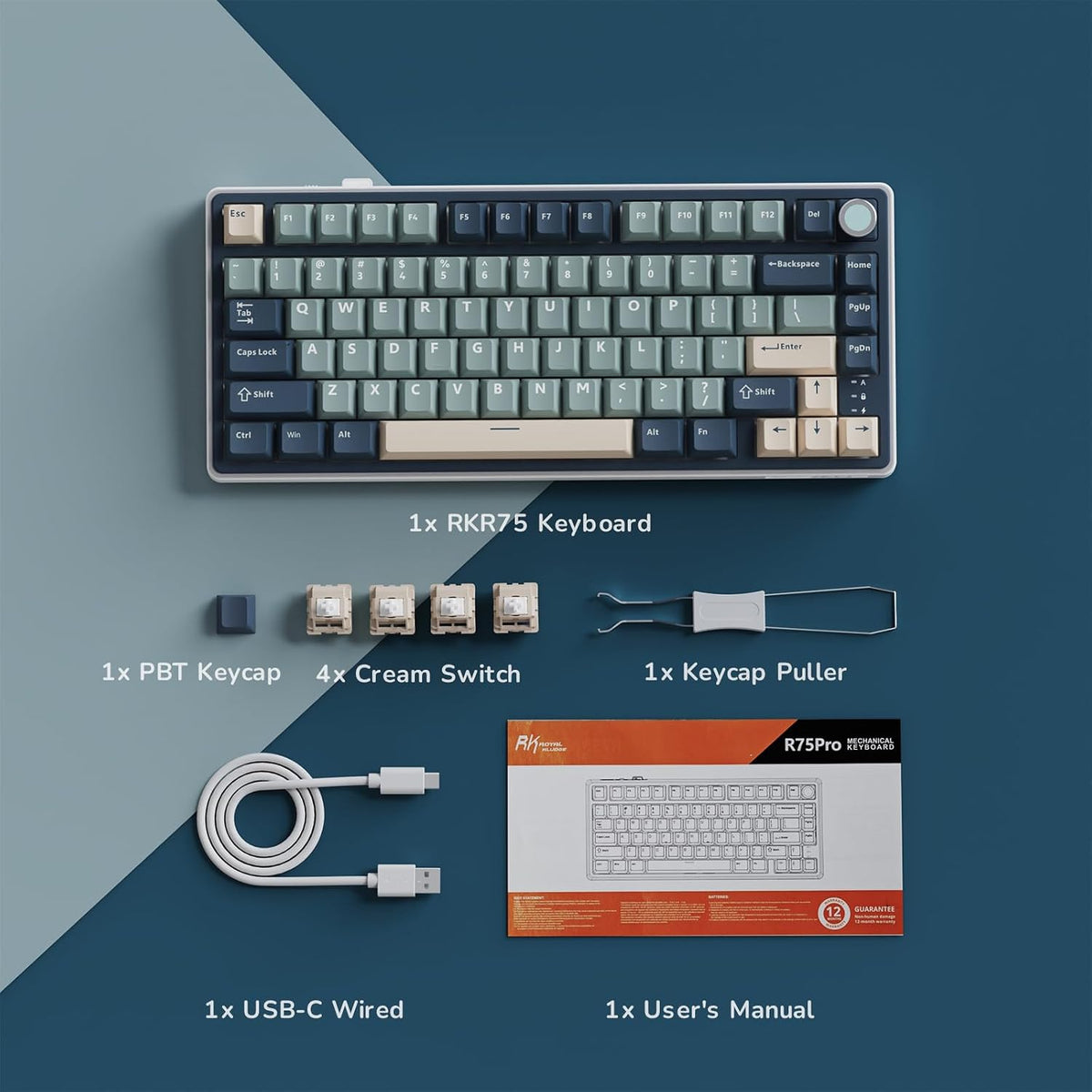 RK ROYAL KLUDGE R75 Wireless Mechanical Keyboard, 75% Percent Custom Gaming Keyboard Gasket Mount RGB Backlit with Knob & PBT Keycaps, BT5.1/2.4GHz/USB-C, Hot Swappable Cream Switch