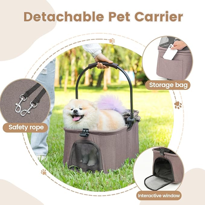 Wdyvko 3 in 1 Dog Stroller, Upgraded Frame, Up to 44lbs Pet Stroller with Dog Poop Bags & Dispenser, Zipperless Entry, Storage Basket & Pouch for Small Dogs Cats (Coffee)