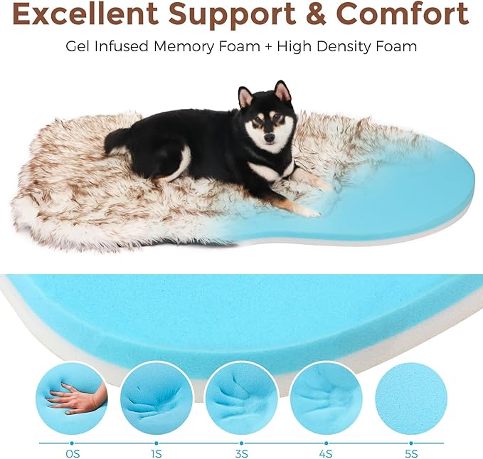63 Inch Faux Fur Dog Bed for Large/Medium Dogs Orthopedic Beds with Fluffy Faux Fur & Soft Memory Foam for Joint Pain Relief, Machine Washable and Waterproof Dog Couch Beds White with Brown ﻿