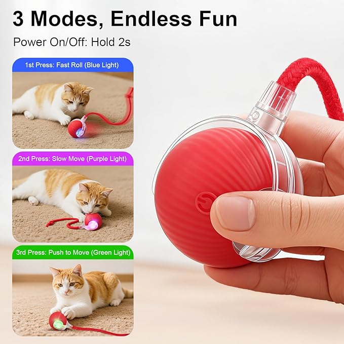 Interactive Electric Automatic Rolling Moving USB Rechargeable Self Activated Play Stimulation Toy Smart Chase Teaser Ball with Speedy Tail Rope for Bored Adult Indoor Cats and Dogs, Green
