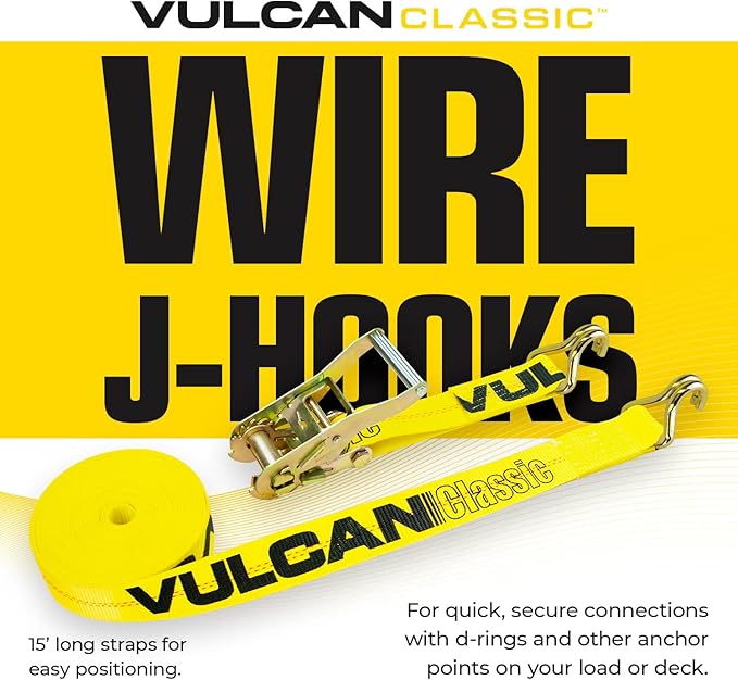 VULCAN Complete Axle Strap Tie Down Kit with Wire Hook Ratchet Straps - Classic Yellow - Includes (4) 22 Inch and (4) 36 Inch Axle Straps, and (4) 15' Wire J Hook Ratchet Straps