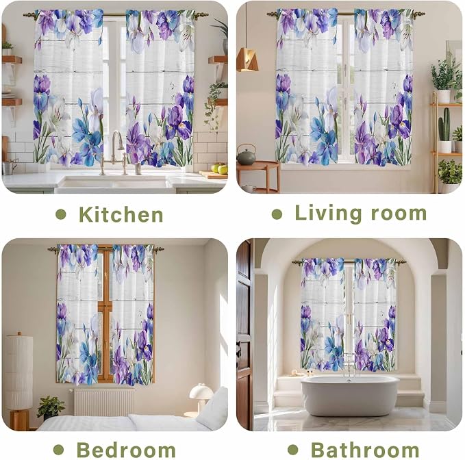 Spring Flowers Kitchen Curtains, Watercolor Garden Florals Wooden Grain Light