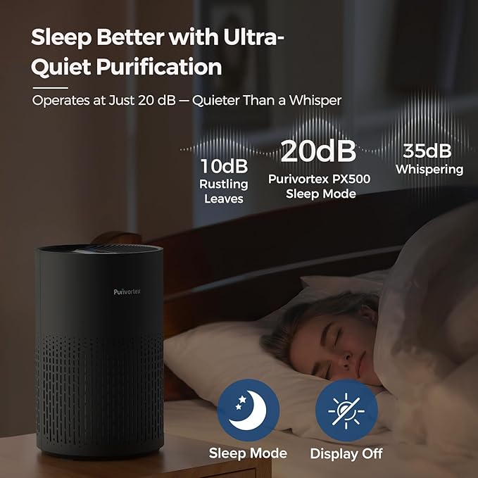 Purivortex Air Purifiers for Bedroom, Quiet Air Purifier with HEPA Filter for Pollen, Smoke, Dust, Pet Dander, Odor, Hair, Ozone Free, Covers Up to 880 Sq Ft, PX500 Black