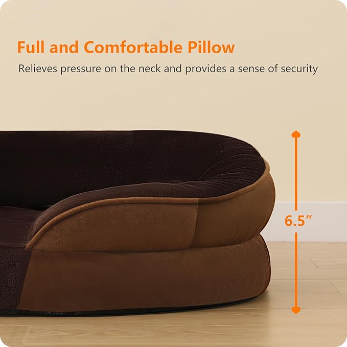 Dwanton Orthopedic Dog Bed for Large Dogs with Gel Memory Foam, Waterproof Dog Sofa, Washable Pet Bed with Four Sided Bolster Cushion, Removable Cover & Non-Slip Bottom, 42", Brown