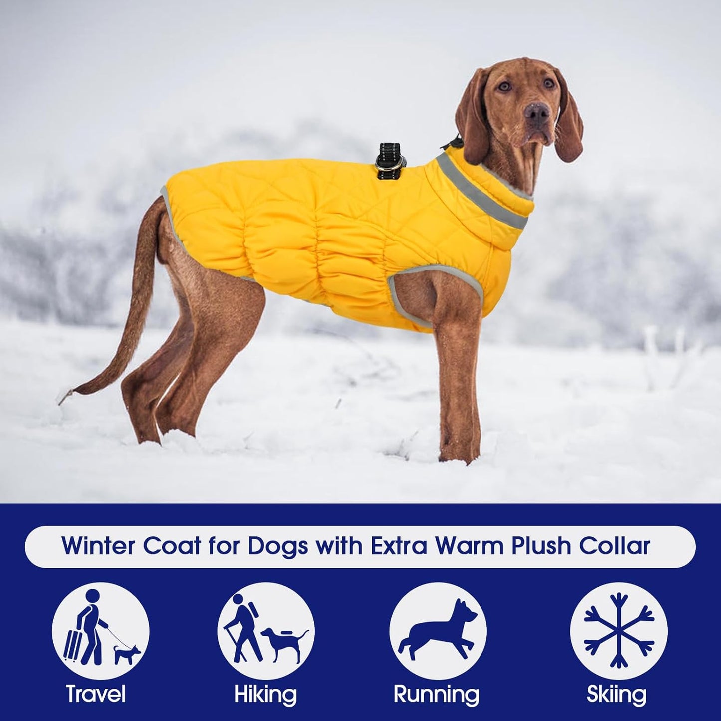 FUAMEY Dog Coat for Large Dogs,Waterproof Dog Winter Jacket with Harness Built in Puppy Cold Weather Coats Reflective Pet Vest with Zipper Warm Fleece Dogs Snowsuit Windproof Yellow L