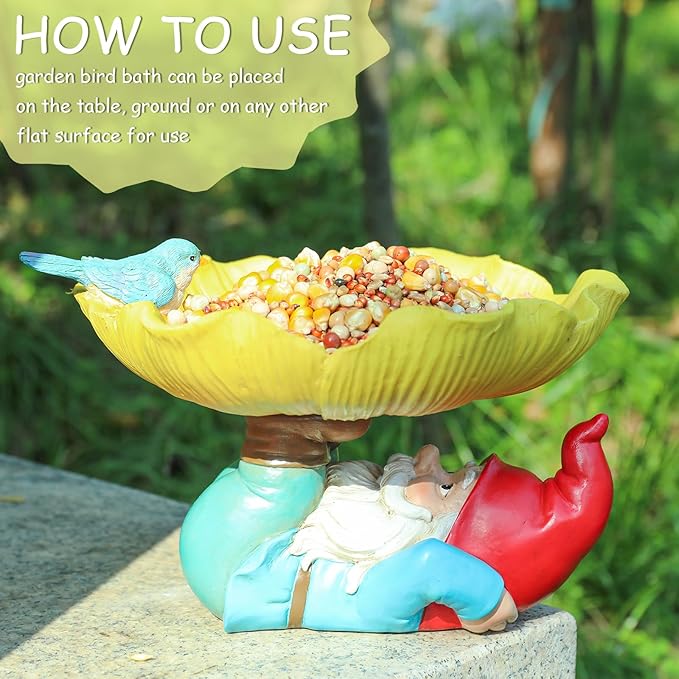 MUMTOP Bird Baths for Outdoors, Outdoor Garden Birdbath Bowl Resin Sunflower Bird Baths and Feeder with Funny Gnome for Outside Yard Table Decor