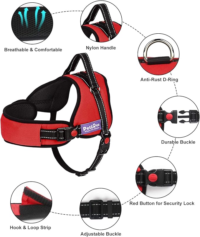 PetLove Dog Harness, Adjustable Soft Leash Padded No Pull Dog Harness for Small Medium Large Dogs, Red