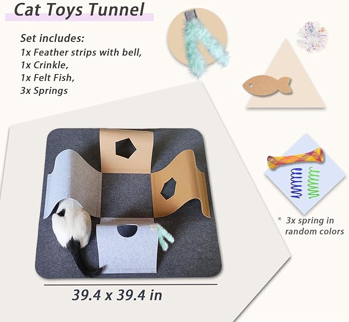 Cat Toys Tunnel for Indoor Cats,4-Way Felt Cat Tunnel Play Mat with Feathers & Bell 6 Pcs Interactive Cats Enrichment Toys Set Foldable Kittens Cave Hideout for Pet Hide & Seek