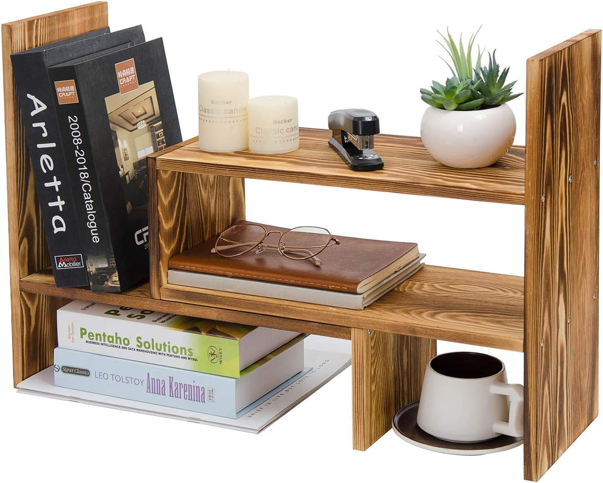 Adjustable Extendable Natural Wood Desktop Organizer Caddy Desk Organizer Countertop Shelf Bookcase Display Stand Rack Expandable Storage Office Home (Dark Brown)