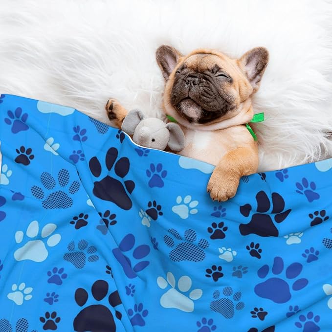 Pet Blanket for Car Rides Vet Visits, Blue Puppy Pug Dog Paw Print, Two Sided Reversible Plush Design with Bumpy Dot Side Offers Comfort Home Piece On Go Travel