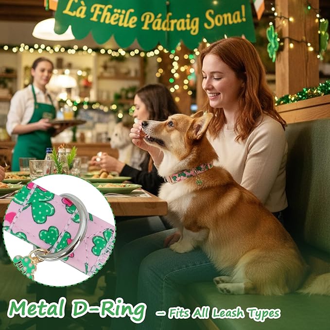 St. Patrick's Day Dog Collar,Pink Bow with Lucky Shamrock Puppy Collar,Adjustable Spring Cotton Collars Gifts for Small Medium Large Dogs,Dog Accessories M