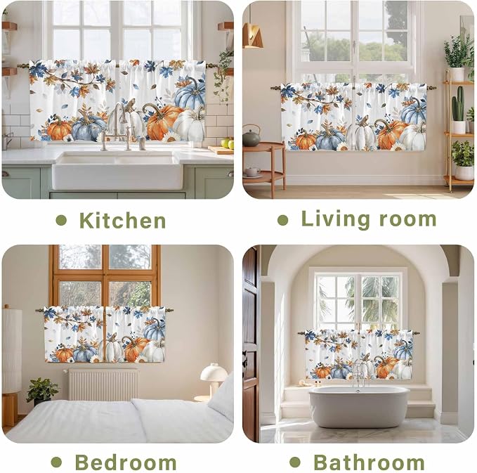 Navy Blue Pumpkin Fall Kitchen Tier Curtains 24 Inch Long 2 Panel Set, Rod