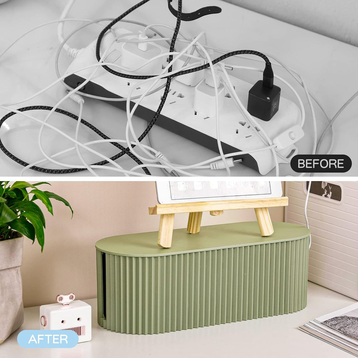 FABROK 2 Pack Cable Management Box, Cord Hider Box, Green, Small+Large