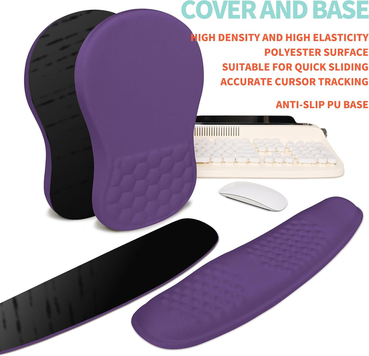 2-in-1 Ergonomic Set, Wave Rise Keyboard Wrist Rest and Massage Bulge Slope Mouse Pad Wrist Support, Cushion Memory Foam Integrated to Relieve Wrist Pain, Dark Purple