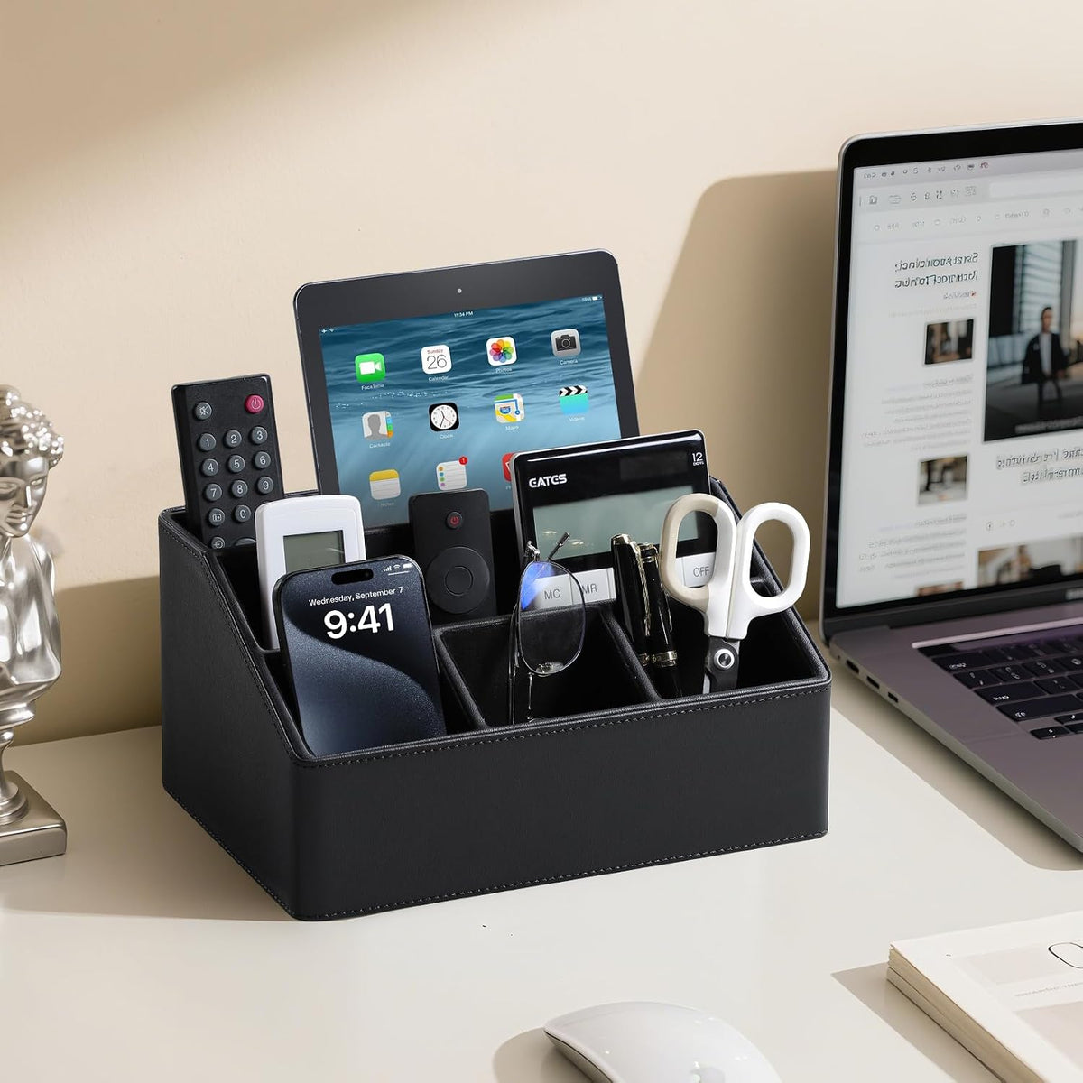 PU Leather Desk Organizer, Remote Control Holder (Black)