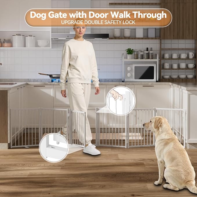 Full Metal Freestanding Dog Gate with Door, 24'' Height Foldable Pet Dog Fence for Indoor & Outdoor, 6 Panels Extra Wide Free Standing SmallDog Gates for Doorways,House,Stairs,Porch,Deck,Yard