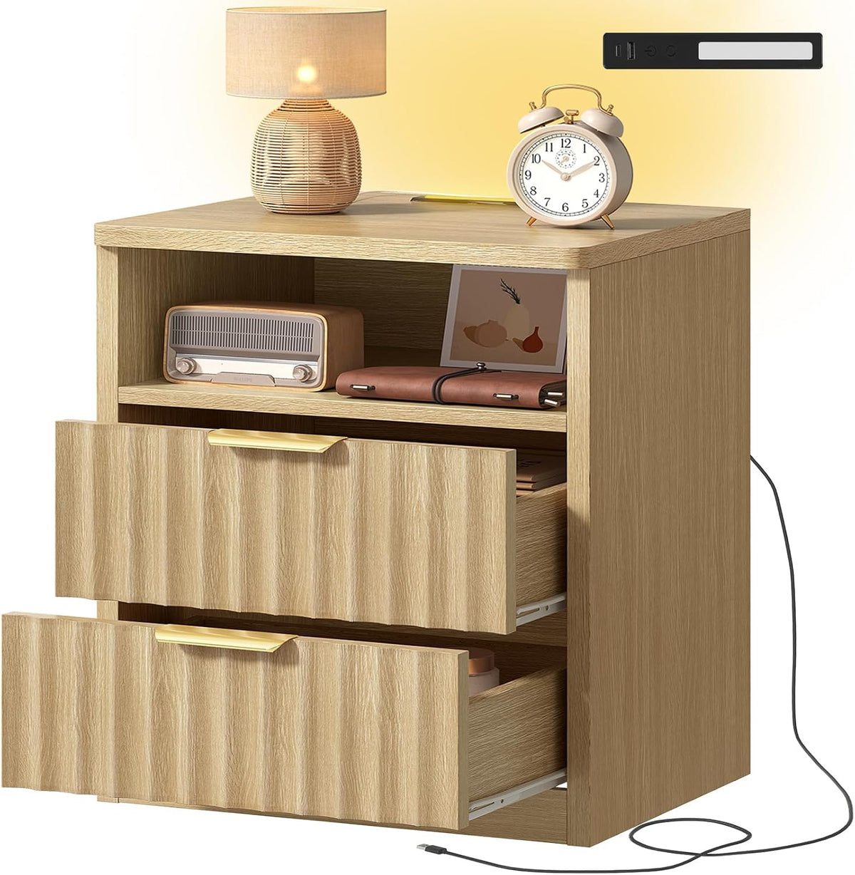 TEENFON Fluted Night Stand, Nighstand with Charging Station and LED Light, Modern Bed Side Table for Small Space, Storage Drawer and Open Shelf, for Bedroom, Natural
