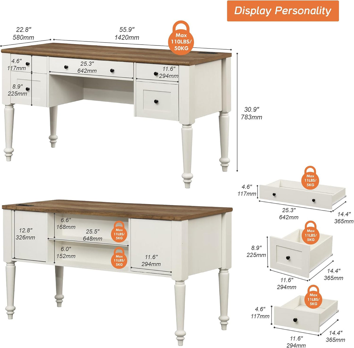 WAMPAT Farmhouse Executive Desk with Charging Station, Off White, 56 Inch
