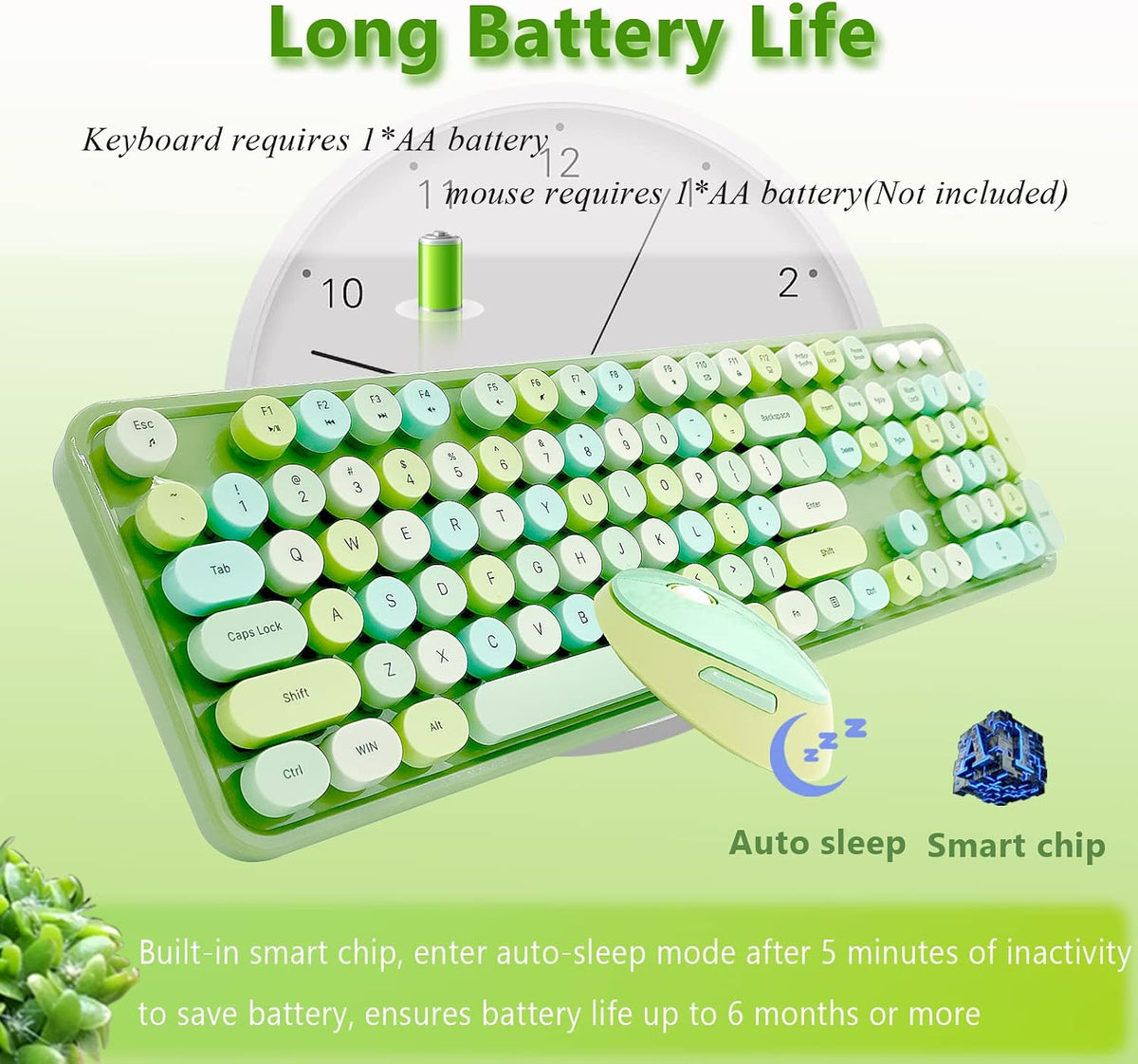 Green Retro Typewriter Wireless Keyboard and Mouse Combo for Home Office