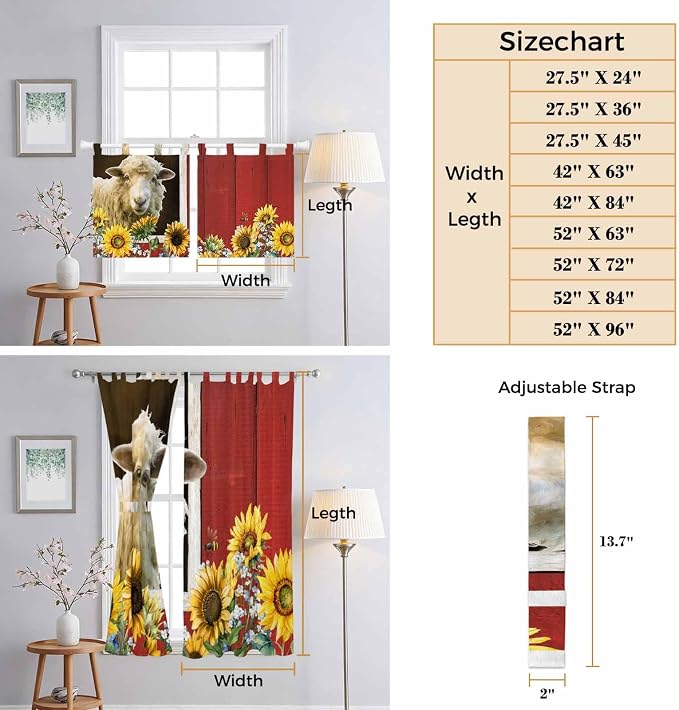 Sheep Flowers Kitchen Curtains 36 Inch Length, Small Window Curtains Tab Top