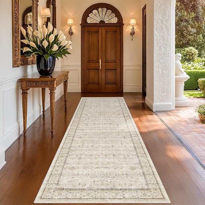 Beige 3x10 Washable Long Hallway Runner Rug Non Slip, Stain & Fade Resistant