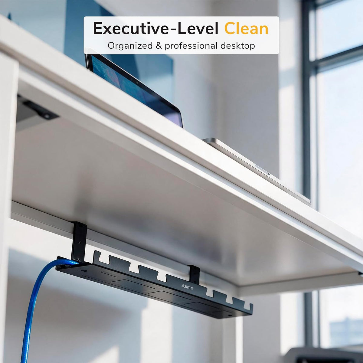 Mount-It! Premium Under Desk Cable Management Tray – 23" Heavy-Duty Steel Cable Tray & Cord Basket for Standing Desk & Home Office, Secure Crossbar or Screw Mount Wire Organizer (Black)