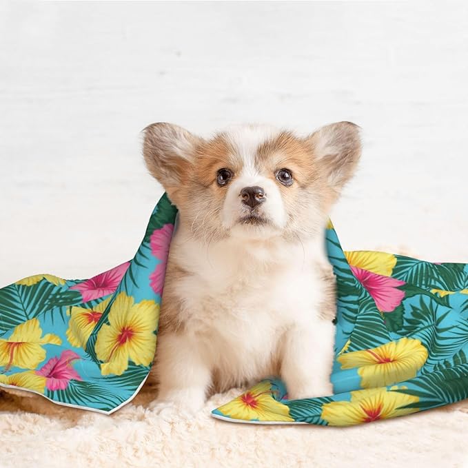 Dog and Cat Blanket in One, Hawaii Tropical Floral Plants, Double Sided Plush Throw with Raised Dot Pattern on One Side and Flat Velvet on Other for Variety