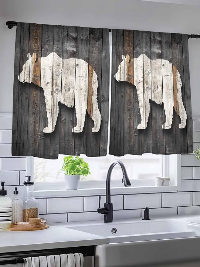 Sheer Curtains 45 Inch Length, Vintage White Brown Bear Semi Sheer Curtains